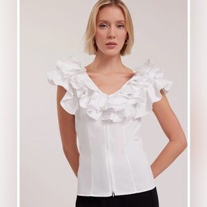 Anne Fontaine Vimera White Ruffle Sleeve Corset Back Short Layered Flounce Top